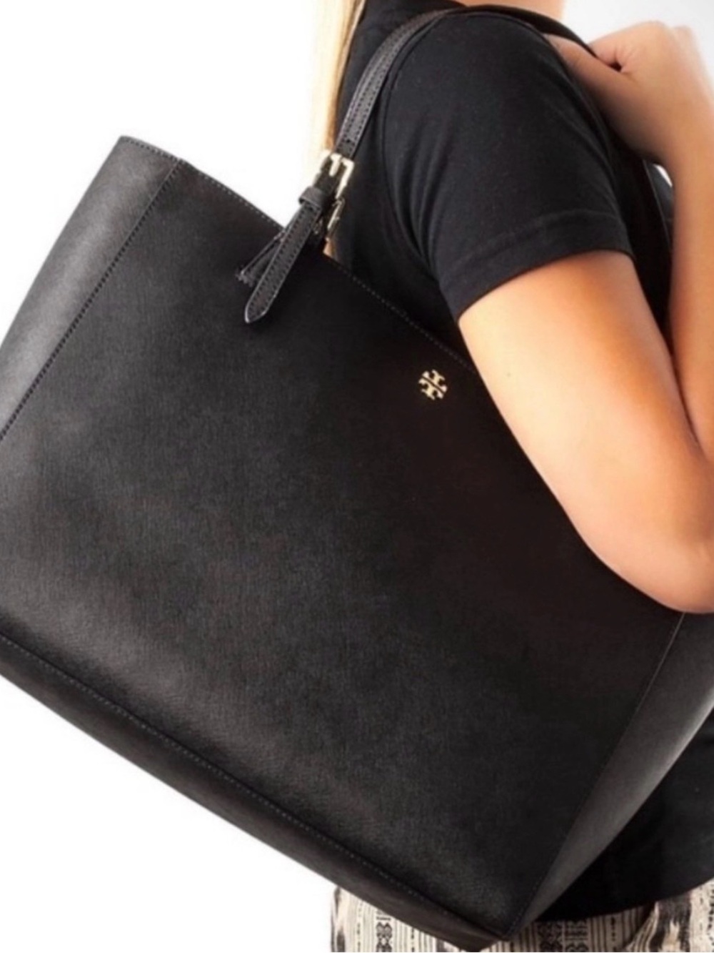 Tory Burch Black Leather Logo Tote